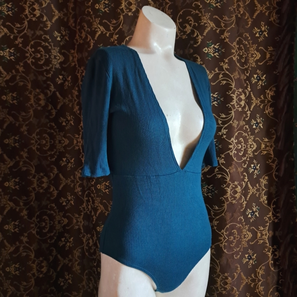 Teal Blue Green Ribbed Knit Bodysuit Top Deep V Neck Dance Ballet